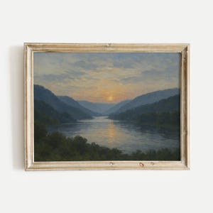 Flusstal bei Sonnenuntergang mit Hügeln Ölgemälde Druck, Vintage Natur Wandkunst, digitaler Download, Haus, Büro, Wohnzimmer und Schlafzimmer Dekor