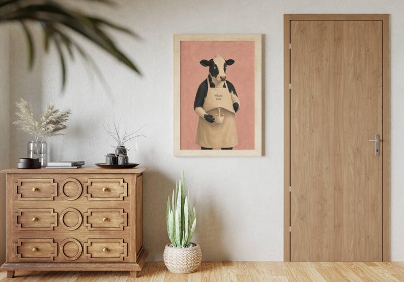Cow Poster Print, Funny Whole Milk Barista Wall Art Meme, Whimsical Animal Illustration, Coffee Kitchen Decor Gift, No Frame