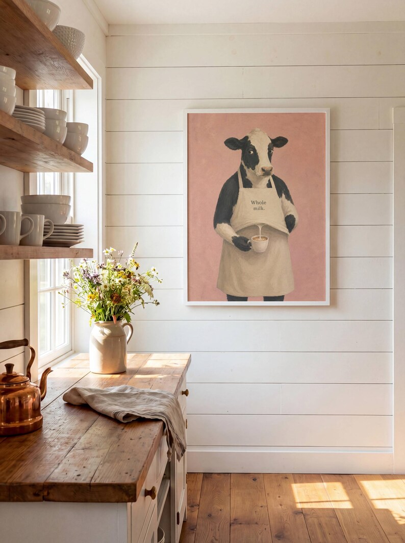 Cow Poster Print, Funny Whole Milk Barista Wall Art Meme, Whimsical Animal Illustration, Coffee Kitchen Decor Gift, No Frame