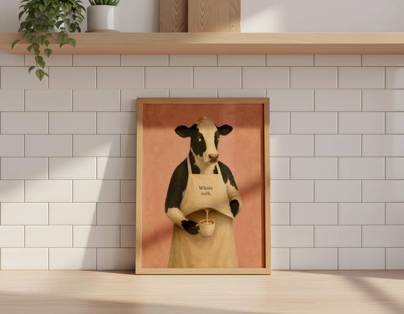 Cow Poster Print, Funny Whole Milk Barista Wall Art Meme, Whimsical Animal Illustration, Coffee Kitchen Decor Gift, No Frame