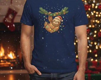 May include: Navy blue t-shirt featuring a cartoon sloth wearing a Santa hat and wrapped in Christmas lights. The sloth is hanging from a green branch. The shirt is a festive holiday design.
