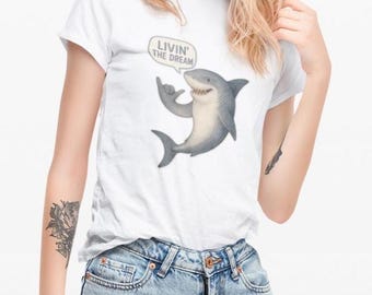 Funny Shark Tee - "Livin' the Dream" Graphic Cotton T-Shirt, Gift for Beach Lovers, Casual Wear, Summer Fun, Great for Vacations