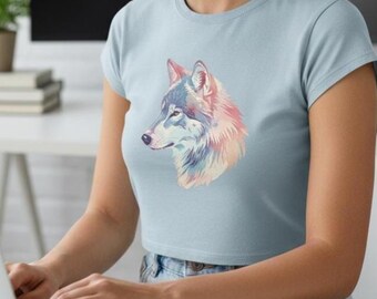 Colorful Wolf Women's Festival Crop Top, Boho Tee, Summer Top, Animal Lover Gift, Music Festival Wear, Trendy Casual Wear Shirt