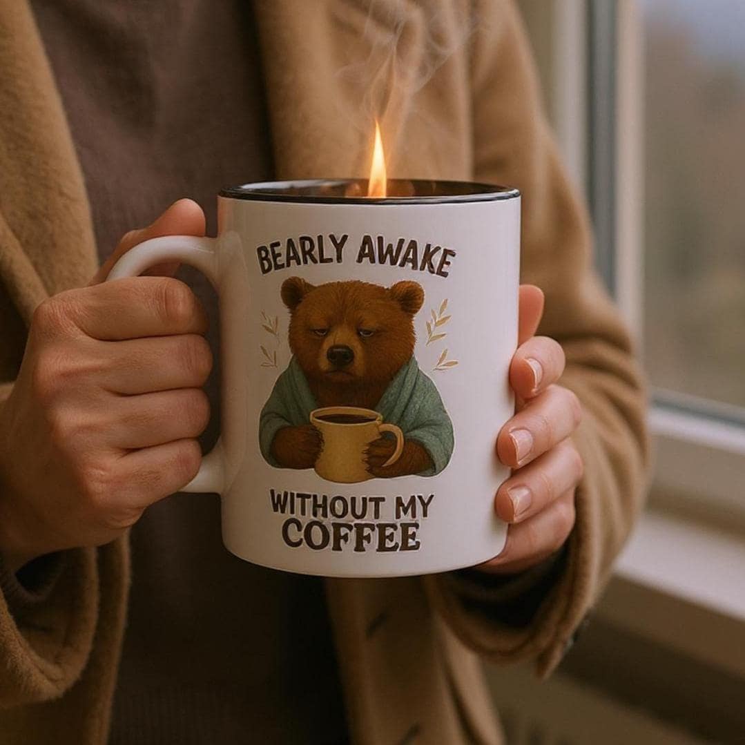 Caneca de café de 11oz | Urso triste "Bearly Awake Without My Coffee" | Borda, alça e interior coloridos