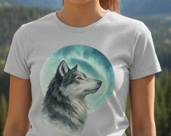 Portrait Wolf and Moon T-Shirt - Heavyweight Cotton Tee - Wolf Lover Gift - Unisex Casual Wear