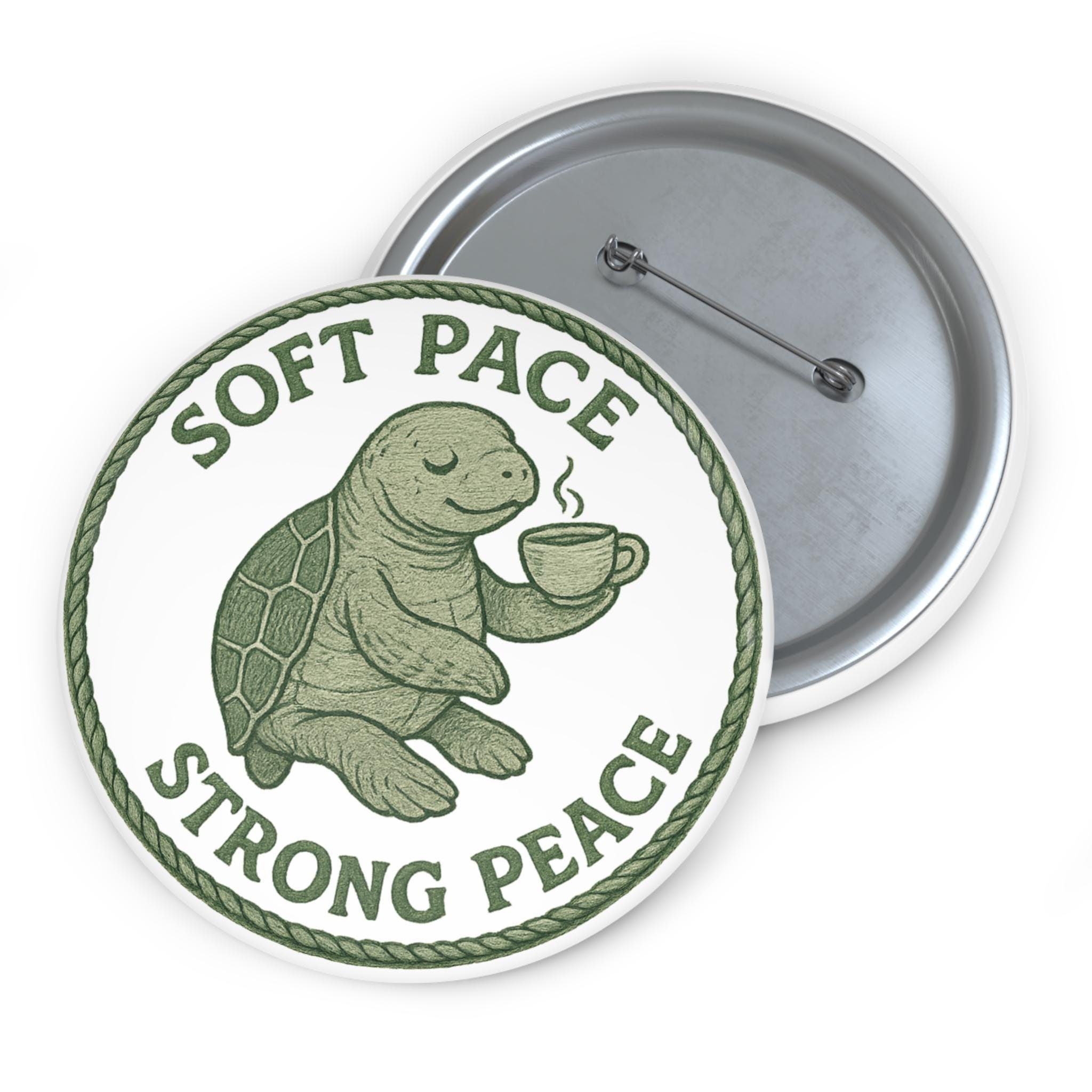 Pin Buttons, Tortoise Coffee Lover Button, Soft Pace Strong Peace, Custom Brooch, Animal Button Badge, Slow and Steady Pinback, Green