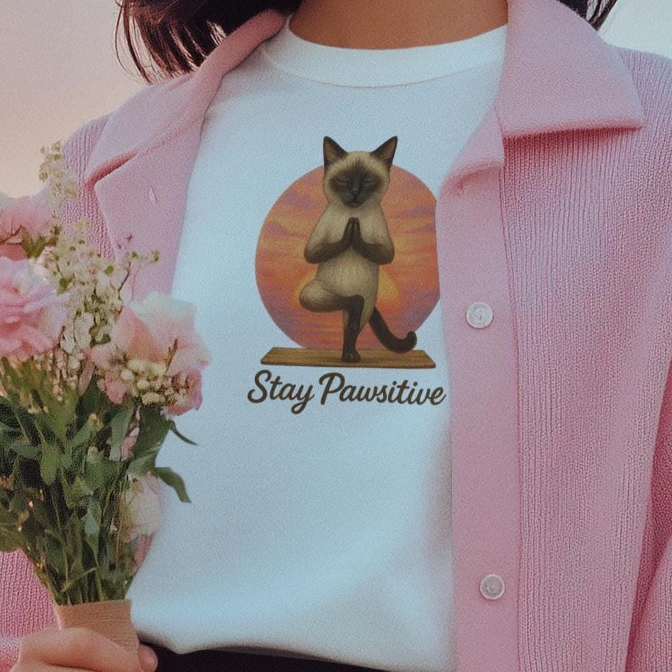 Cat Yoga Sunset T-Shirt | Stay Pawsitive Shirt | Mindful Meditation Tee | Positive Vibes Graphic Top