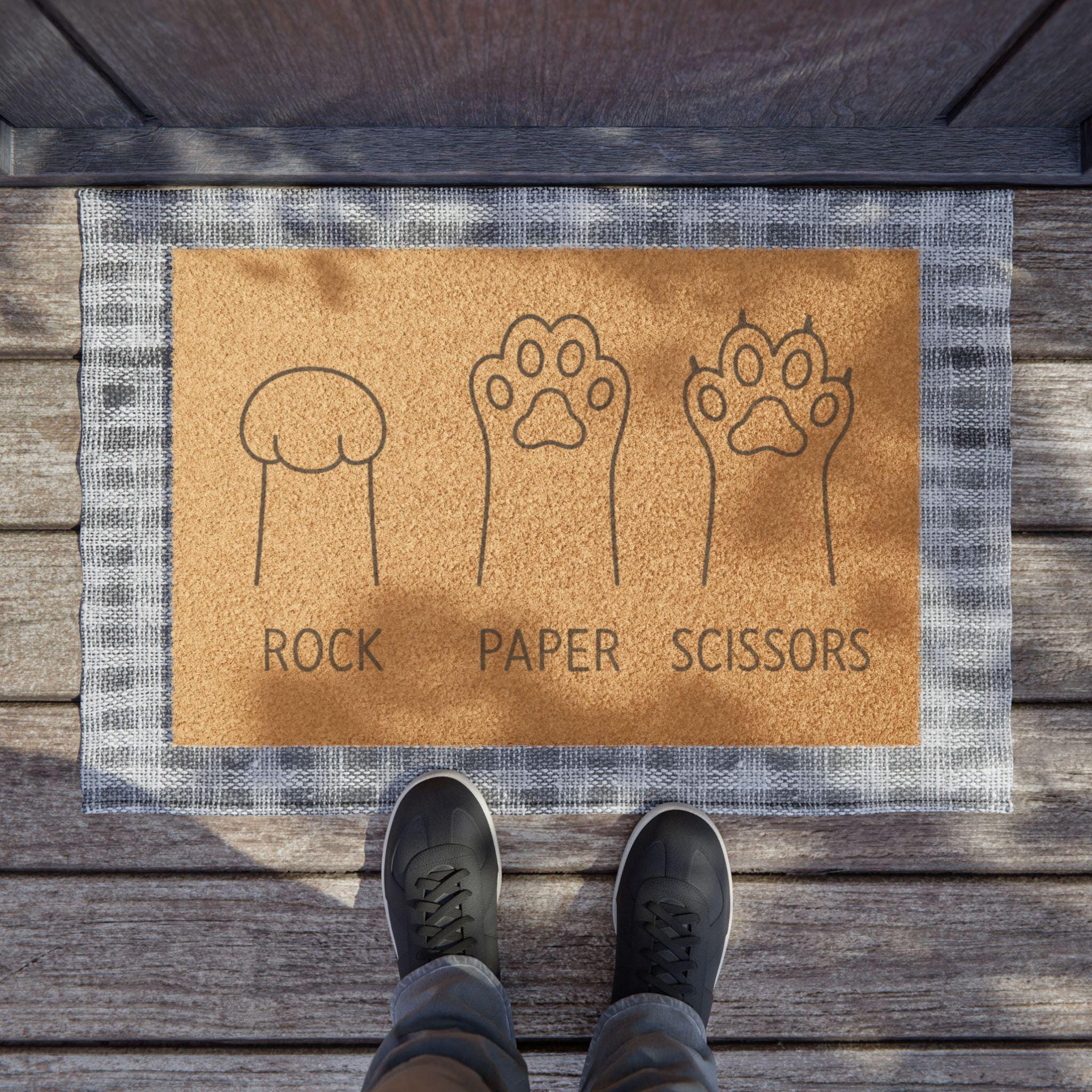 Playful Paw Print Doormat with Rock, Paper, Scissors Design | Pet Lover Welcome Mat, Funny Home Decor, Gift for Dog Owners