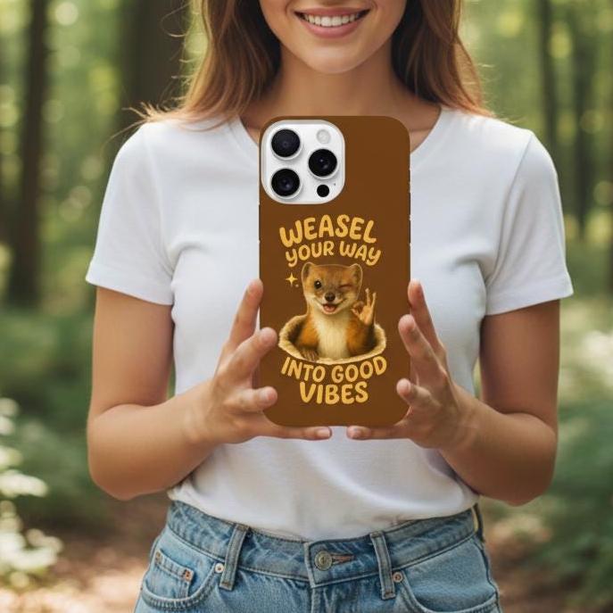 Weasel Your Way Into Good Vibes Phone Case – Cute Weasel Design, Funny Animal Quote, Hard Shell Protection for iPhone & Samsung