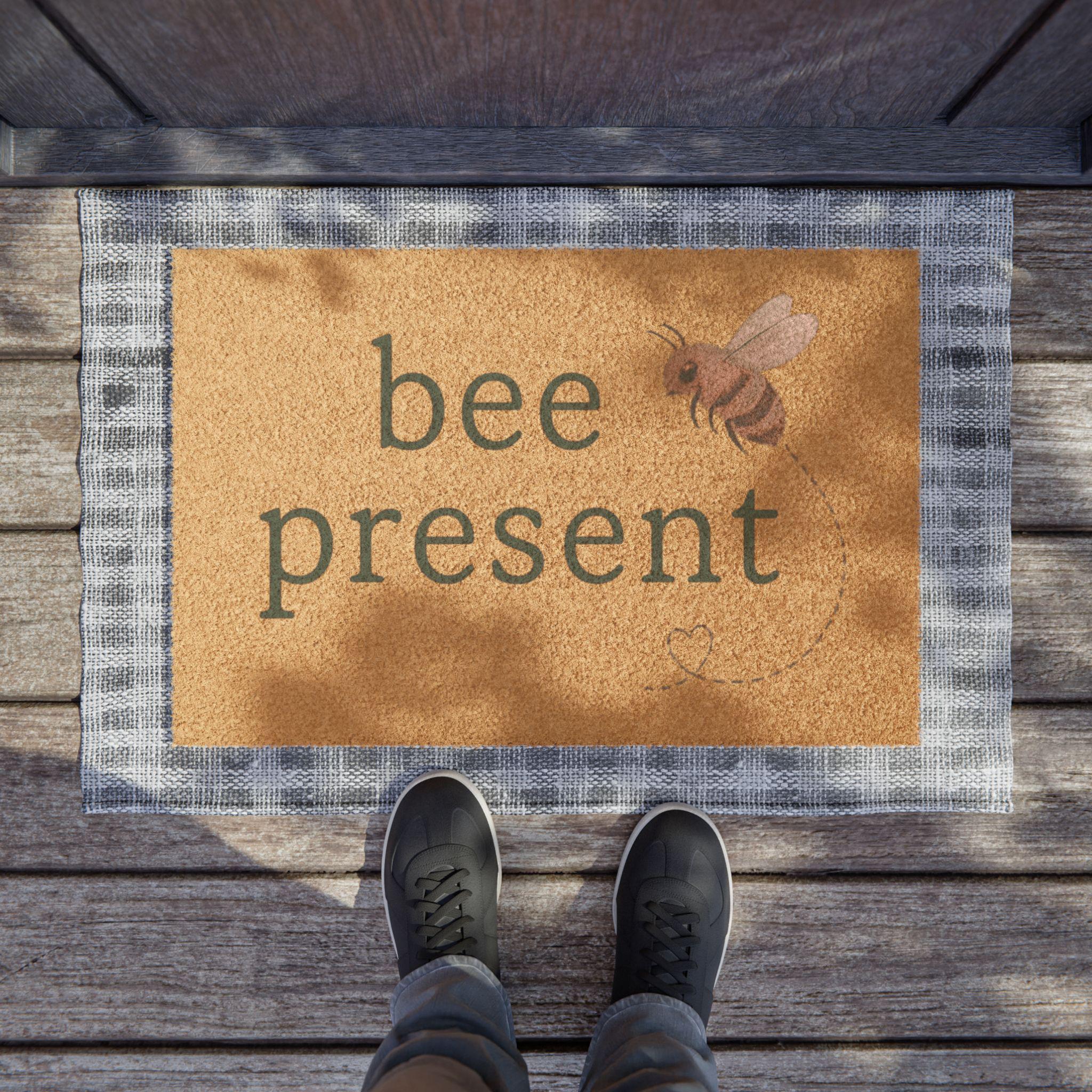 Bee Present Doormat - Cute Bee Welcome Mat, Home Decor, Gift for Garden Lovers, Outdoor Entrance Rug, Spring/Summer Decor