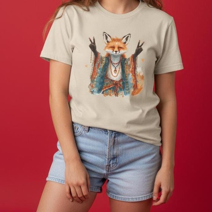 Fox Hippie Peace Sign T-Shirt, Unisex Tee, Woodland Animal Lover Gift, Nature Spirit Shirt, Boho Chic Top