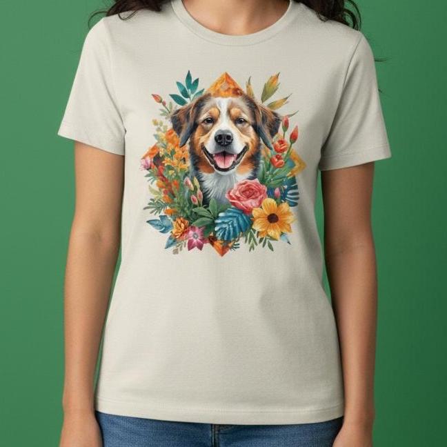 Colorful Dog Floral Unisex Heavy Cotton Tee, Pet Lover Gift, Animal Art Shirt, Casual Wear, Garden Party Outfit, Birthday Present