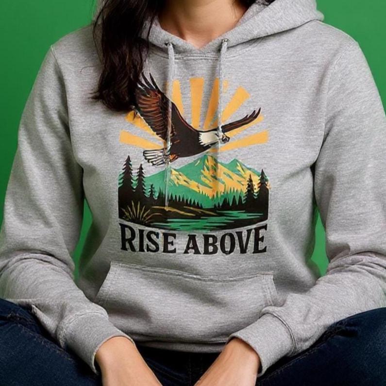 Rise Above Eagle Hoodie | Nature Mountain Landscape Sweatshirt | Outdoor Adventure Pullover | Motivational Wildlife Hoodie