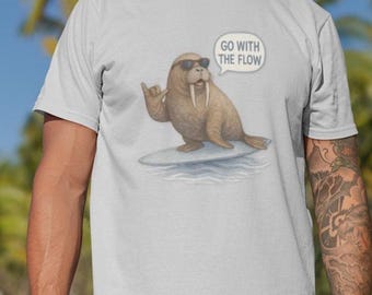 Surfing Walrus Unisex Tee, Beach Vibes Tshirt, Ocean Lover Shirt, Chill Summer Top, Go with the Flow Graphic Tee