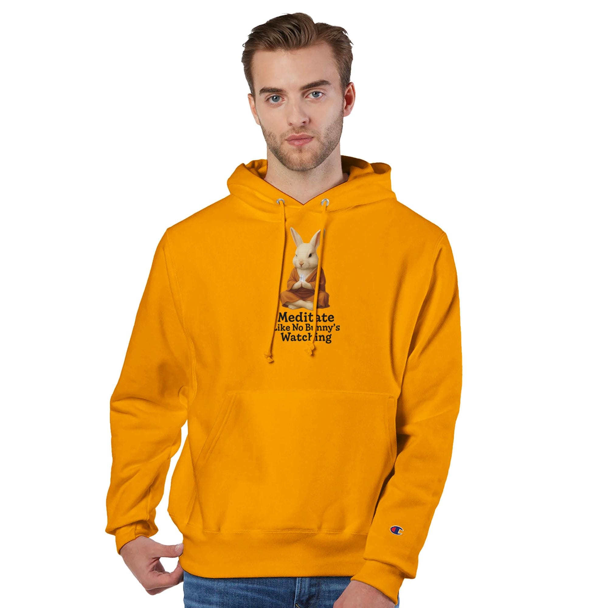 Unisex Recycled Champion Hoodie – Meditate Like No Bunny’s Watching – Eco-Friendly Cozy Sweatshirt
