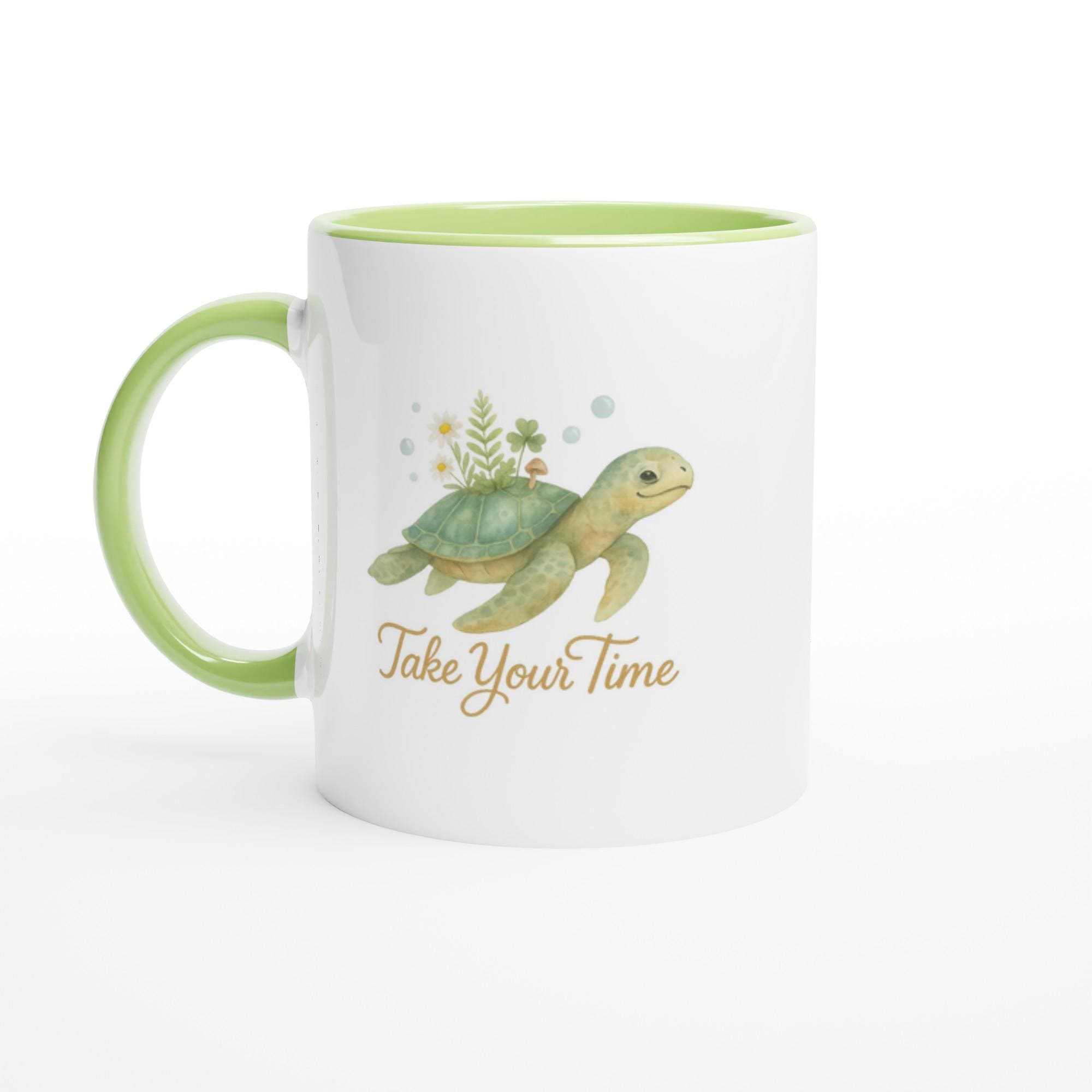 White Ceramic Mug 11oz with Colored Inside | Turtle Take Your Time Design | Dishwasher & Microwave Safe | Cute Gift for Coffee Lovers