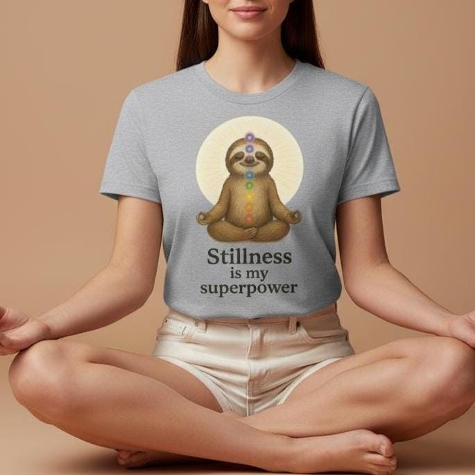 Meditating Sloth Tee, Stillness is my superpower Shirt, Chakra Meditation Top, Yoga Lover Gift, Relaxing Zen Tshirt, Unisex Cotton Tee