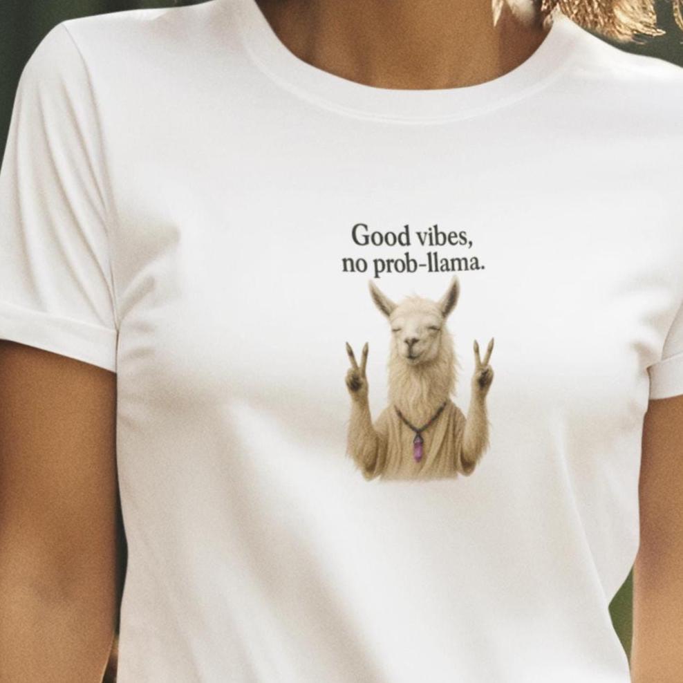 Unisex T-Shirt – Good Vibes No Prob-Llama Crystal Design – Cotton Tee