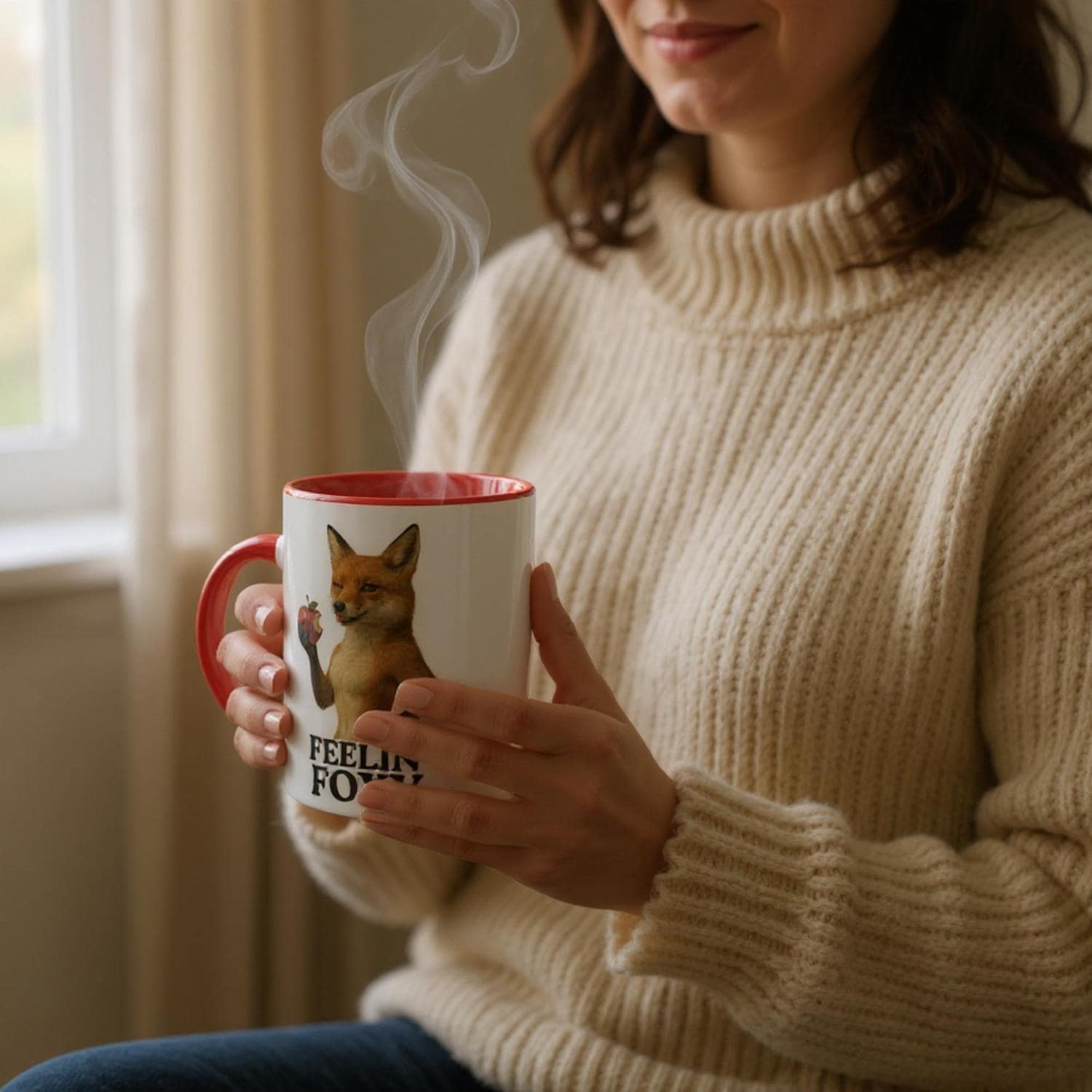 Caneca de café Feelin’ Foxy – Copo de cerâmica de 11 oz com cor interna – Raposa fofa com design de maçã – Presente para amantes de animais