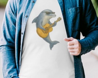Playful Dolphin Guitar Tee, Unisex T-Shirt, Music Lover Gift, Ocean Theme Apparel, Unique Graphic Tee, Casual Wear, Fun Summer Shirt