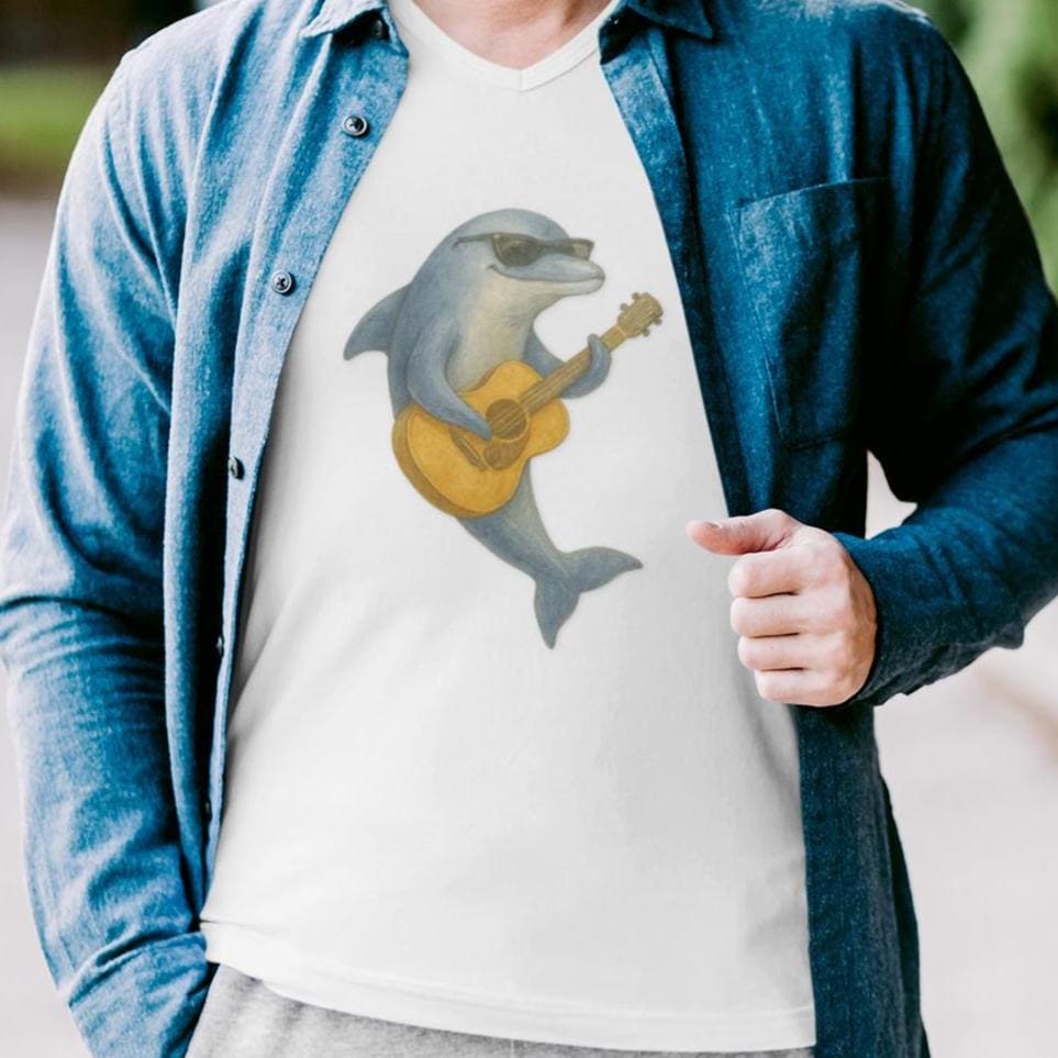 Playful Dolphin Guitar Tee, Unisex T-Shirt, Music Lover Gift, Ocean Theme Apparel, Unique Graphic Tee, Casual Wear, Fun Summer Shirt