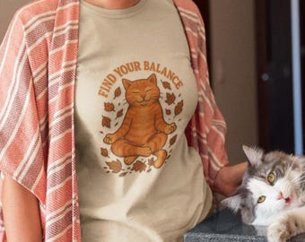 Meditative Cat Tee - Find Your Balance T-Shirt, Unisex Cotton Shirt, Cat Lover Gift, Mindfulness Apparel, Yoga Outfit