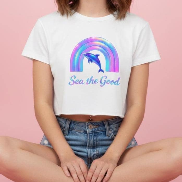 Crop Top, Dolphin Holographic Festival Shirt, Colorful 3D Design, Vibrant Women's Clothing, Summer Beachwear Tee Ocean Friends, Gift for Her