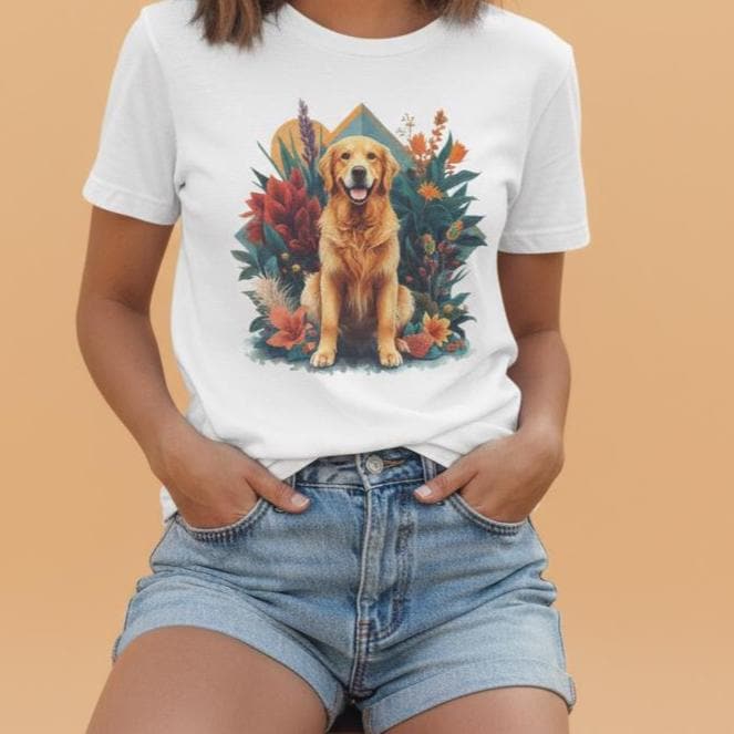 Golden Retriever Tee, Dog Lover Shirt, Floral Puppy T-Shirt, Cute Animal Top, Pet Owner Gift, Dog Mom Dad Apparel