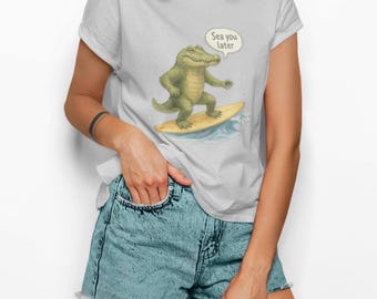Surfing Alligator Tee, Fun Beach Shirt, Funny Gift for Surfers, Summer Vibe T-shirt, Cute Animal T-shirt, Casual Wear