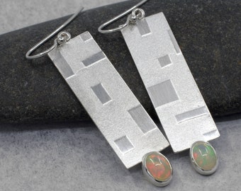 Opal Earrings Sterling Silver Textured Squares