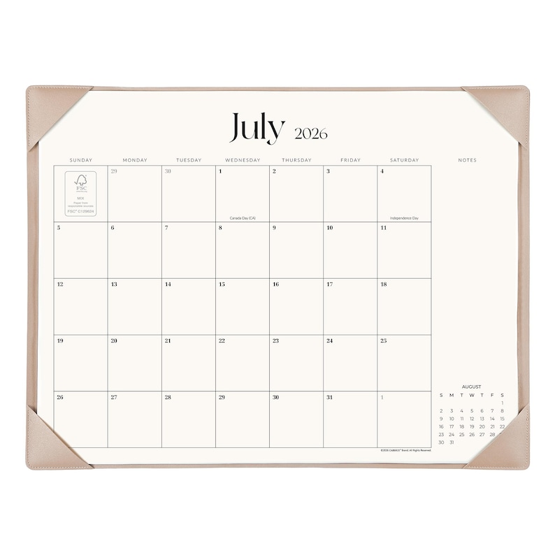 May include: A desk calendar for July 2026 with a white background, black grid lines, and beige corner protectors. The calendar features a notes section on the right, a small August 2026 calendar preview, and an FSC certification logo in the top left.