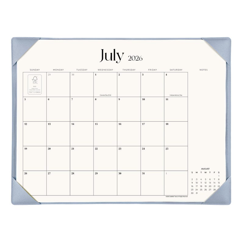 May include: A desk calendar for July 2026 featuring a cream-colored page with a black grid, blue corner protectors, and a small August 2026 calendar in the bottom right corner. The text includes the month, year, days of the week, and dates.