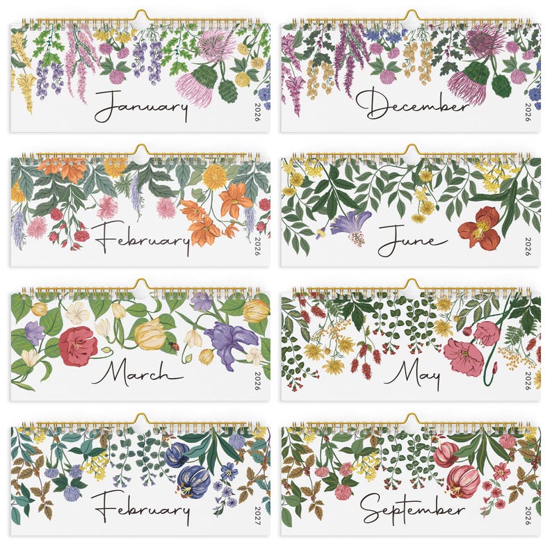 May include: A 2026 and 2027 wall calendar set featuring eight pages with spiral gold binding. Each page displays a month name in black script, the year, and a unique botanical illustration of colorful flowers and green foliage on a white background.