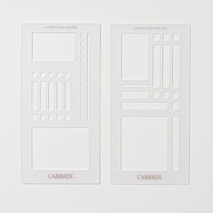 May include: Two white plastic stencils with various rectangular and circular cutouts. The stencils have the text "MASTER YOUR MINUTES" at the top and "CABBRIIX" at the bottom. The stencils are designed for planning and organization.