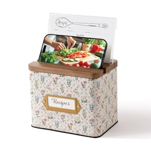 Recipe Box with 50 Cards and 24 Dividers, Cabbrix 4x6 Recipe Card Box Set, Wooden Lid with Phone Holder and Recipe Holde