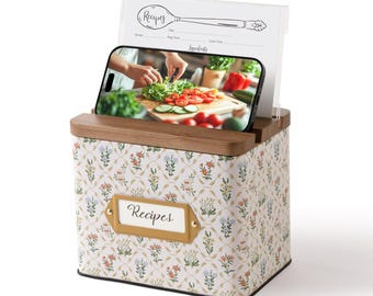 Recipe Box with 50 Cards and 24 Dividers, Cabbrix 4x6 Recipe Card Box Set, Wooden Lid with Phone Holder and Recipe Holde