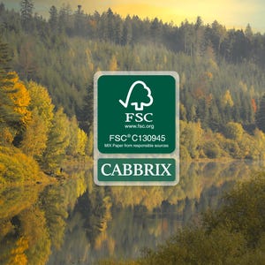 May include: A rectangular green sign featuring the white FSC logo, the text www.fsc.org, the code FSC C130945, the phrase MIX Paper from responsible sources, and the word CABBRIX in white capital letters, set against a forest and lake background.