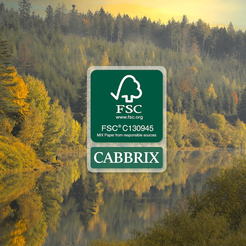 May include: A rectangular green sign featuring the white FSC logo, the text www.fsc.org, the code FSC C130945, the phrase MIX Paper from responsible sources, and the word CABBRIX in white capital letters, set against a forest and lake background.