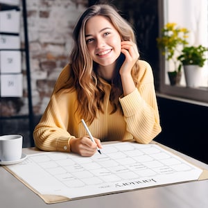 May include: A white desk calendar for January 2026 with a light tan leather-like corner protector, positioned on a flat surface next to a white ceramic mug. A light blue pen is held over the grid, which features black text and lines.