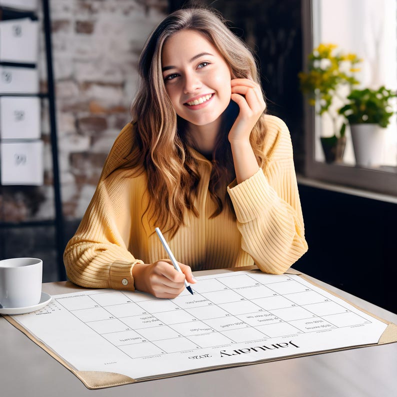 May include: A white desk calendar for January 2026 with a light tan leather-like corner protector, positioned on a flat surface next to a white ceramic mug. A light blue pen is held over the grid, which features black text and lines.