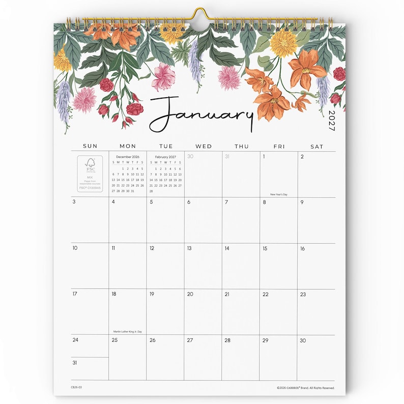 May include: A 2027 wall calendar for the month of January featuring a floral illustration at the top with orange, pink, and yellow flowers and green leaves. The grid displays days of the week, dates, and small reference calendars for December 2026 and February 2027.