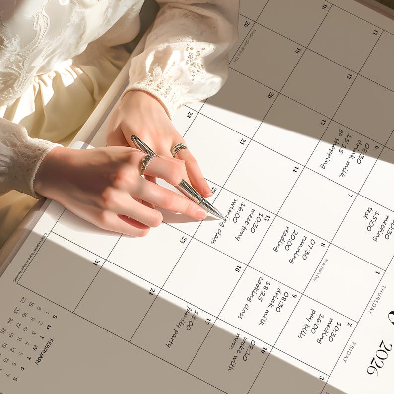 May include: A white paper wall calendar for the year 2026 with black grid lines and printed text. The calendar features handwritten daily schedules in black ink, including entries like meeting, running, and swimming class, with a silver pen.