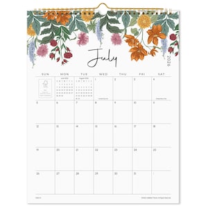 May include: A wall calendar for July 2026 featuring a floral illustration at the top with orange, pink, and yellow flowers and green leaves. The grid displays days of the week, dates, and small reference calendars for June and August 2026.