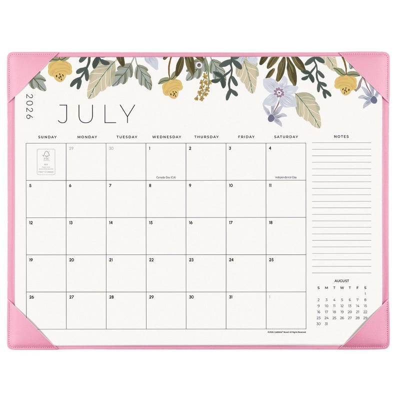 K&ouml;nnte beinhalten: Ein Schreibtischkalender f&uuml;r Juli 2026 mit rosa Eckschonern. Der obere Bereich zeigt eine florale Illustration mit gelben und hellvioletten Blumen sowie gr&uuml;nen Bl&auml;ttern. Das Raster enth&auml;lt Wochentage, Daten und einen Bereich f&uuml;r Notizen.