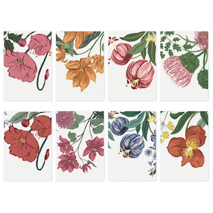 May include: A set of eight rectangular cards featuring botanical illustrations. Each card displays different flowers in shades of pink, orange, red, purple, and blue, accompanied by green leaves and stems against a plain white background.