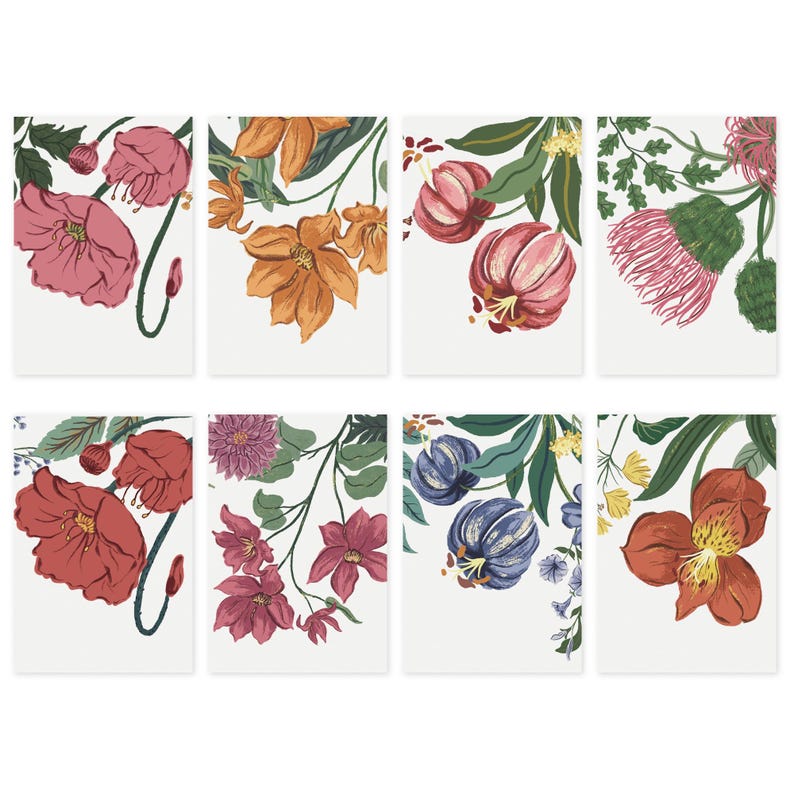 May include: A set of eight rectangular cards featuring botanical illustrations. Each card displays different flowers in shades of pink, orange, red, purple, and blue, accompanied by green leaves and stems against a plain white background.