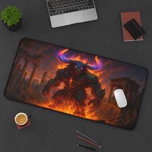 Minotaur Desk Mat: Elemental Earth & Fire Fantasy Mouse Pad