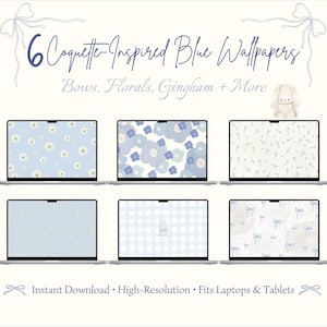 Blue Coquette Aesthetic Wallpaper Bundle – 6 Floral and Minimalist Digital Backgrounds for Desktop and Laptop Instant Download