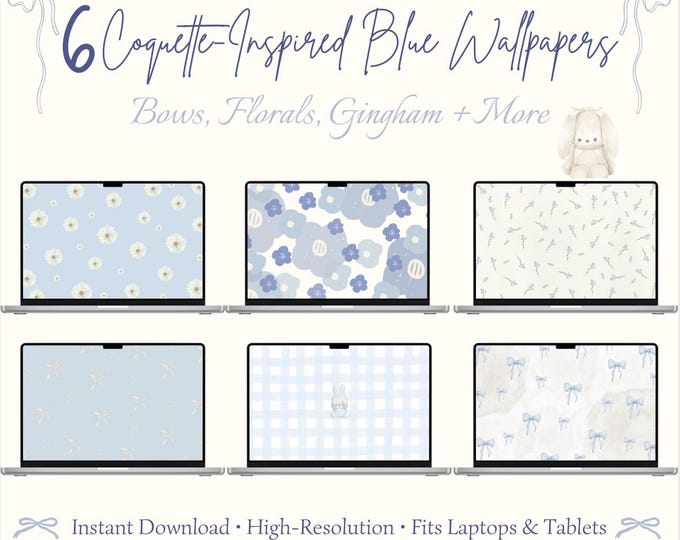 Blue Coquette Desktop Wallpaper Bundle: Floral, Minimalist (digital ...