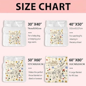 May include: A size chart for blankets featuring four options: 30"x40" (76cmx102cm), 40"x50" (102cmx127cm), 50"x60" (127cmx152cm), and 60"x80" (152cmx203cm). Each shows a cream blanket with floral patterns and hands holding fingers with text.